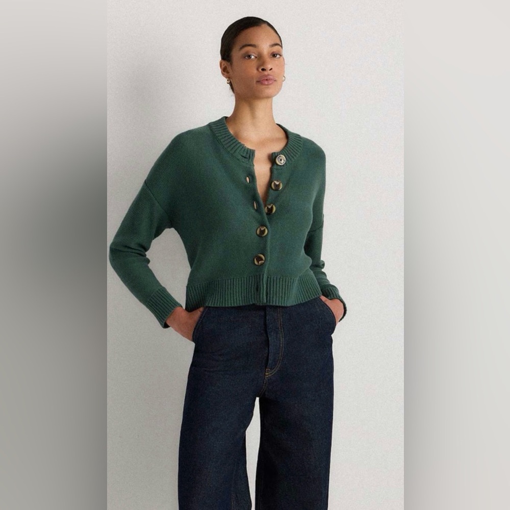 Quince Women 100% Organic Cotton Cropped Cardigan Big Sur Green